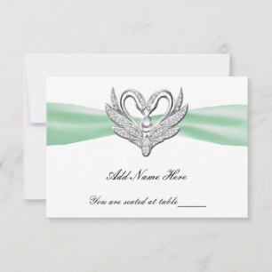 Green Ribbon Silver Swans Table Place Card