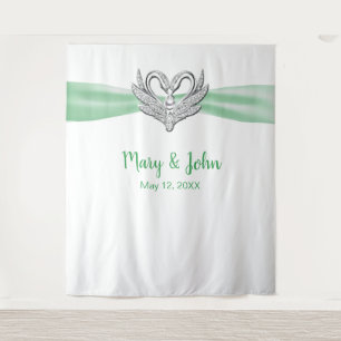 Green Ribbon Silver Swans Wedding Backdrop Tapestry