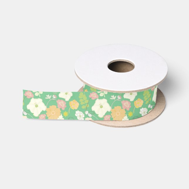 Green Ribbon with Flowers Satin Ribbon (Spool)