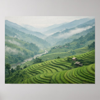 Green Rice Terraces Mountain Valley Landscape Poster