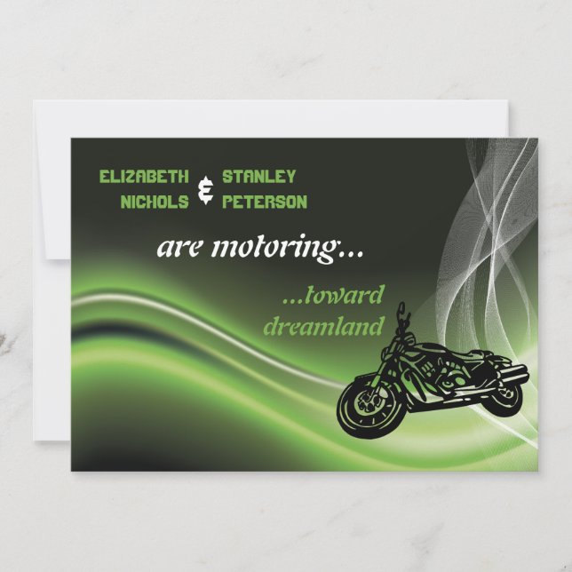 Green road biker/motorcycle wedding invitation (Front)