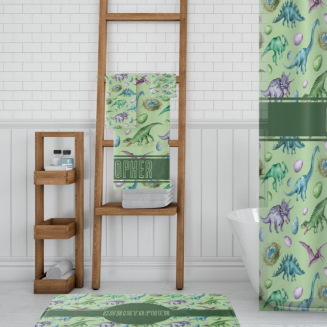 Green Roaring Jurassic Dinosaur with Name Bath Towel Set (Creator Uploaded)