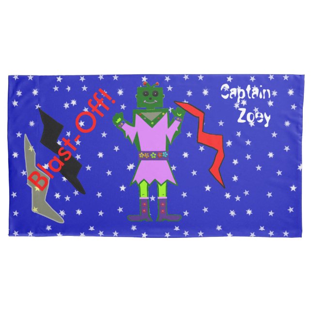 Green Robot Girl Spaceships Kids King Pillowcase (Front-Left)