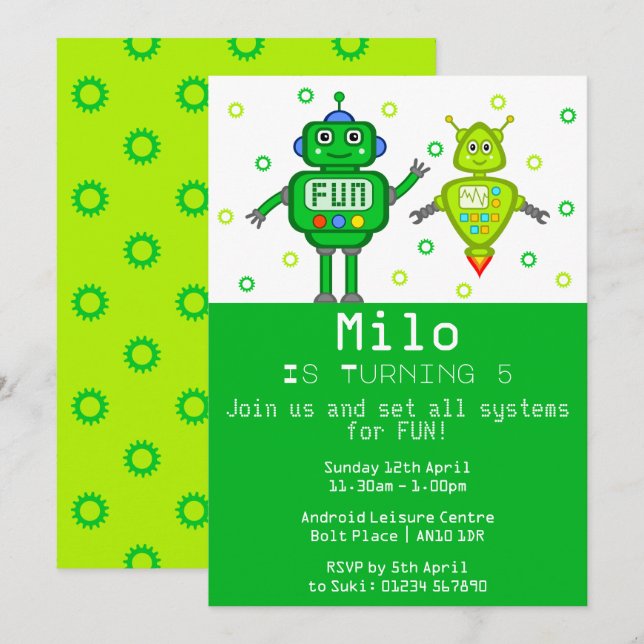Green Robots Invitation de fête d'anniversaire (Devant / Derrière)