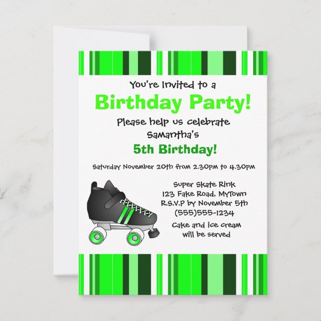 Green Roller Skate Birthday Party - Green Stripe Invitation (Front)