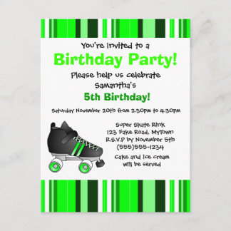 Green Roller Skate Birthday Party - Green Stripe Invitation
