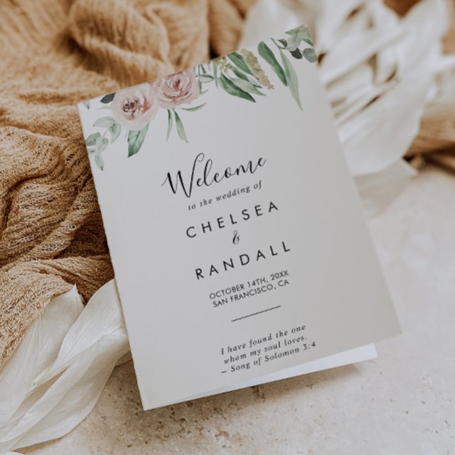 Green Rose Blush Floral Programme de mariage plié (Créateur téléchargé)