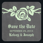 Green Rose Chalkboard Save the Date Stickers<br><div class="desc">Sweet and pretty Rose Chalkboard Save the Date Stickers in mint green featuring a single lovely rose on a vine on a chalkboard look background. This elegant design is perfect for announcing your spring or summer wedding. Easy to customize, simply add your wedding details in the text fields provided. Click...</div>