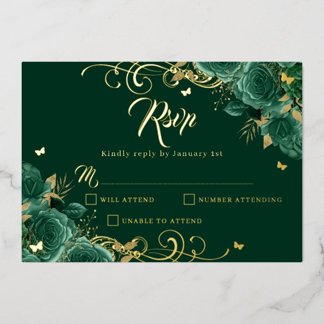 Green Rose Floral Gold Swirl Gold Quinceanera  (Front)
