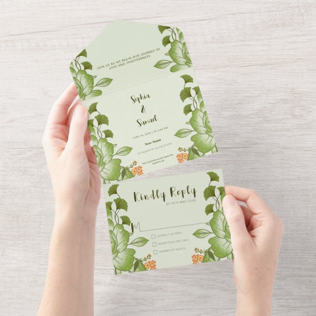 Green Rose Floral Wedding Theme All In One Invitation (Tearaway)