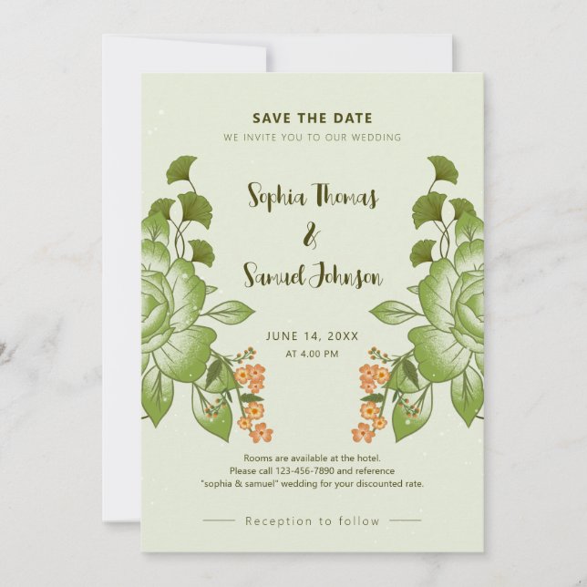 Green Rose Floral Wedding Theme Save The Date (Front)