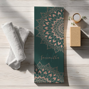 Green rose gold boho mandala monogram  yoga mat