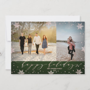 Green & Rose gold Snowflakes Photo Happy Holidays Card