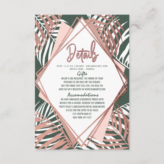 Green Rose Gold Tropical Palm Tree Leaves Details Enclosure Card (Front)
