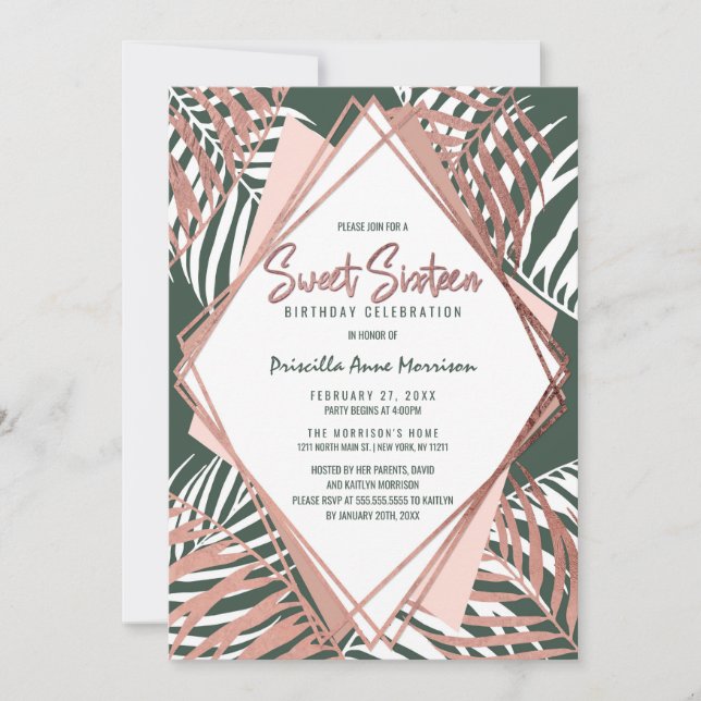 Green Rose Gold Tropical Palm Tree Leaves Sweet 16 Invitation (Front)
