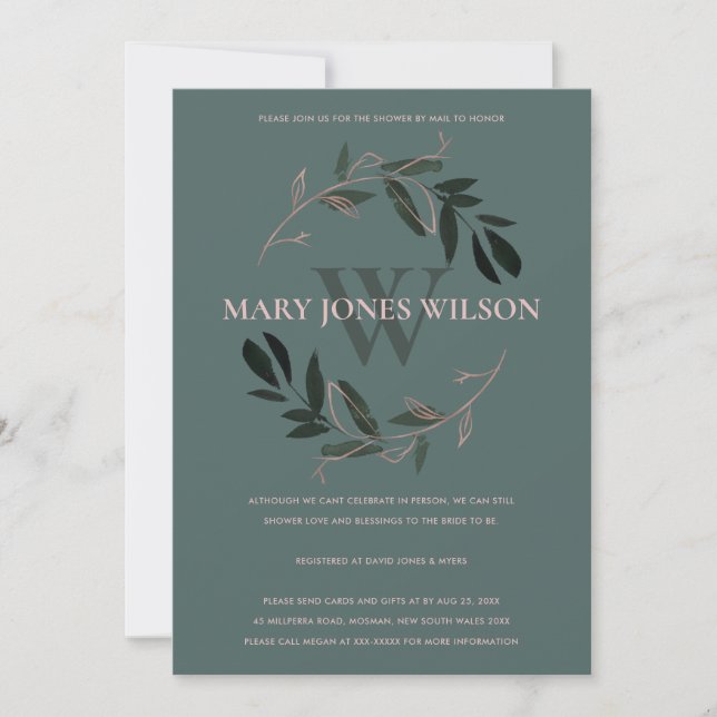 GREEN ROSE PINK FOLIAGE WREATH SHOWER BY MAIL CARD (Front)
