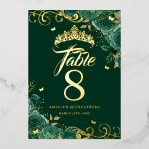 Green Rose Swirl Quinceanera Gold Table Number 