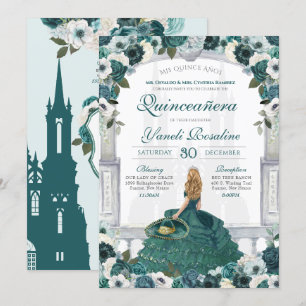 Green Roses Elegant Princess Charro Quinceañera Invitation