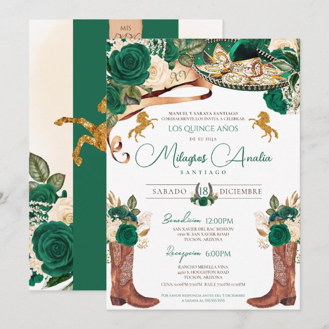 Green Roses Fancy Western Charro Quinceanera Invitation (Front/Back)