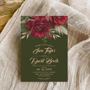 Green & Roses Floral Modern Boho Wedding Invitation