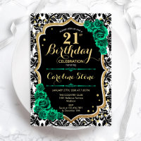 Green Roses Gold Black Damask 21st Birthday