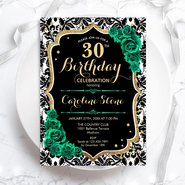 Green Roses Gold Black Damask 30th Birthday Invitation (Creator Uploaded)