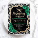 Green Roses Gold Black Damask 70th Birthday Invitation<br><div class="desc">70th Birthday Party Invitation. Elegant floral emerald green design with faux glitter gold and roses. Features black and white damask pattern and script font. Perfect for a stylish womens bday celebration. Can be customized for any age! Printed Zazzle invitations or instant download digital printable template.</div>