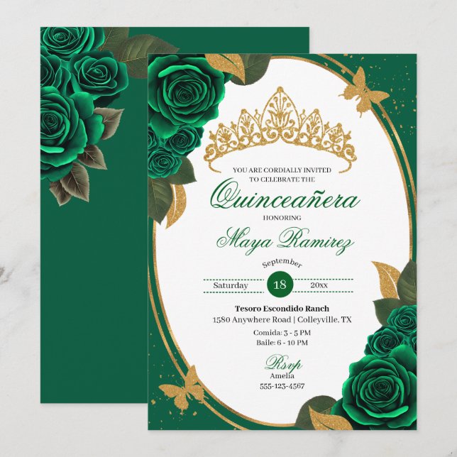 Green Roses Gold Glitter Butterfly Quinceañera  Invitation (Front/Back)