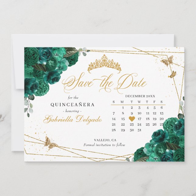 Green Roses & Gold Quinceañera Save The Date Invitation (Front)