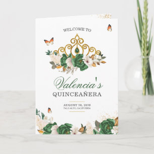 Green Roses Gold Tiara Butterfly Quinceanera Program