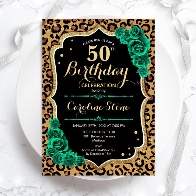 Green Roses Leopard Print 50th Birthday Invitation (Creator Uploaded)
