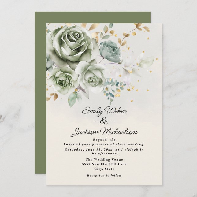 Green Roses Peonies Elegant Gold Glitter Wedding Invitation (Front/Back)