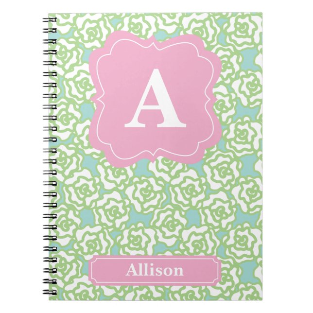 Green Roses Pink Monogram Notebook (Front)