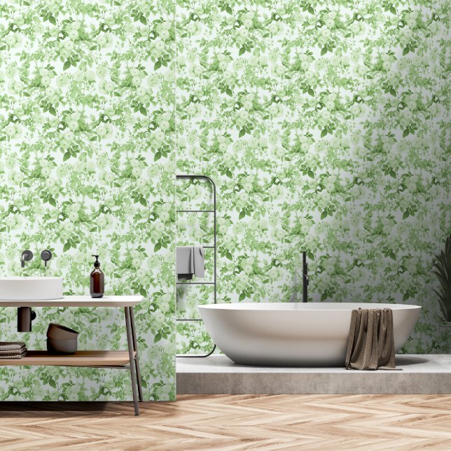 Green Roses Vintage Botanical Garden Wallpaper (Bathroom)