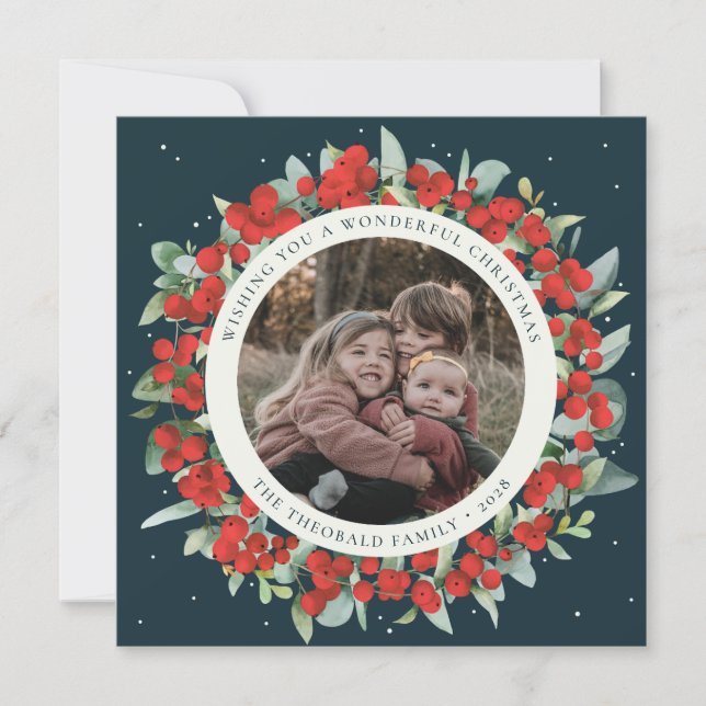 Green Round/Square Red Berries+Eucalyptus Photo Holiday Card (Front)