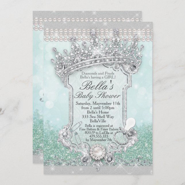 Green Royal Bling Glitter Baby Shower Invitations (Front/Back)