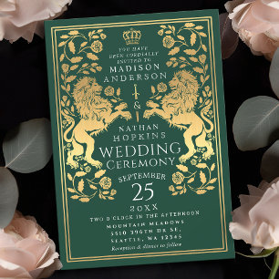 Green Royal Lion Medieval Gold Wedding Invitation