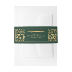 Green Royal Medieval Gold Sword Wedding  Invitation Belly Band