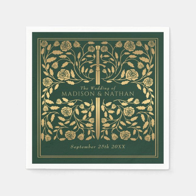 Green Royal Medieval Gold Sword Wedding Napkin (Front)