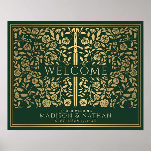 Green Royal Medieval Gold Sword Wedding Welcome  Poster (Front)