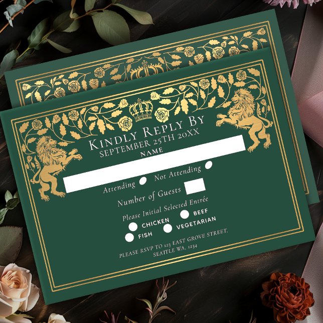 Green Royal Medieval Lion Wedding RSVP Card (Creator Uploaded)