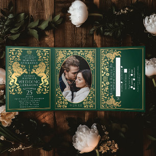 Green Royal Medieval Lion Wedding Tri-Fold