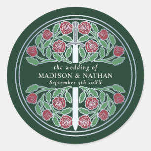 Green Royal Medieval Silver Sword Wedding Classic Round Sticker
