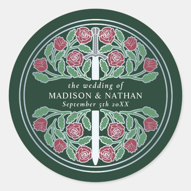 Green Royal Medieval Silver Sword Wedding  Classic Round Sticker (Front)