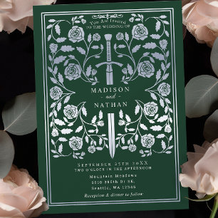 Green Royal Medieval Silver Sword Wedding  Invitation