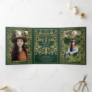 Green Royal Medieval Sword Photo Graduation Party  Tri-Fold Invitation