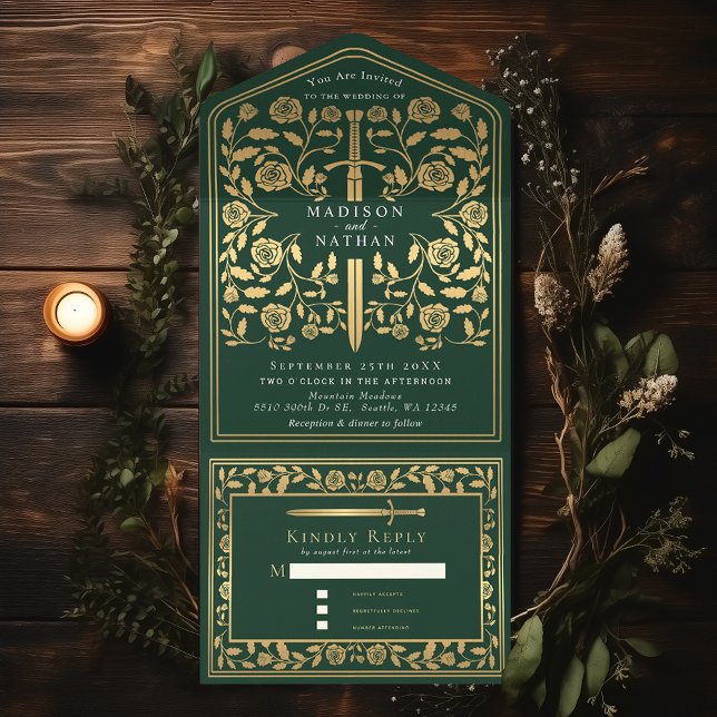 Green Royal Medieval Sword Wedding All In One Invitation (Creator Uploaded)