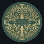 Green Royal Medieval Sword Wedding  Classic Round Sticker<br><div class="desc">Celebrate your special day with this Royal Medieval Sword Wedding design. The design on the back of the invite is NOT real gold foil. You can customize this further by clicking on the "PERSONALIZE" button.</div>