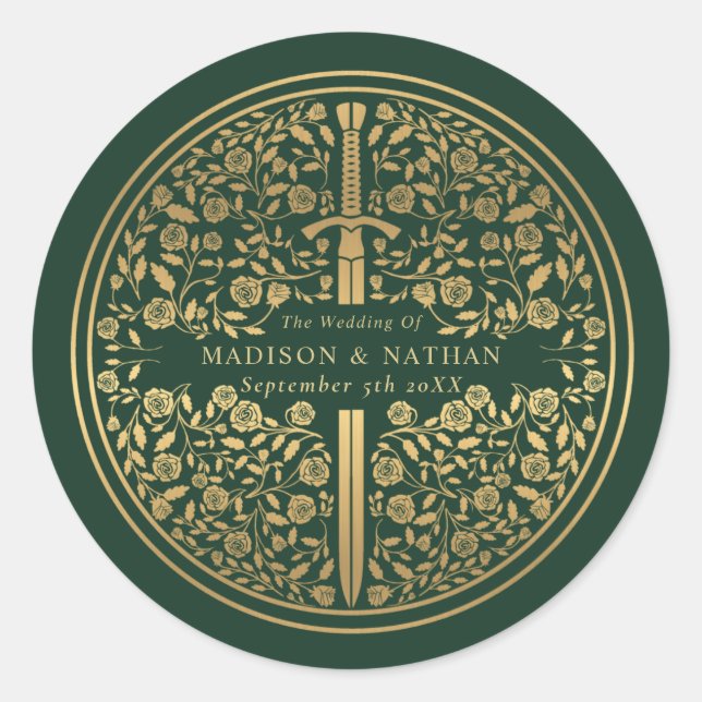 Green Royal Medieval Sword Wedding  Classic Round Sticker (Front)