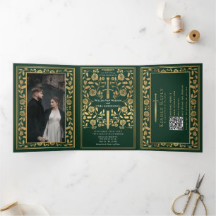 Green Royal Medieval Sword Wedding QR Code Tri-Fold Invitation